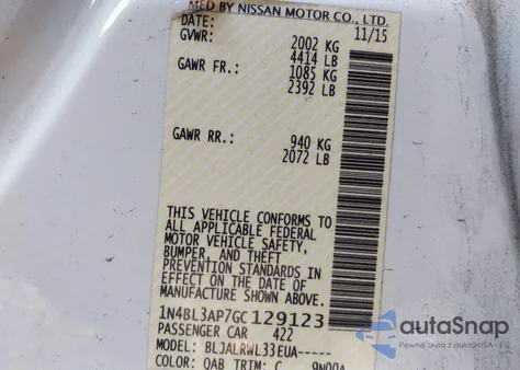 2016 Nissan Altima 3.5 Sl from USA, damaged, VIN 1N4BL3AP7GC129123